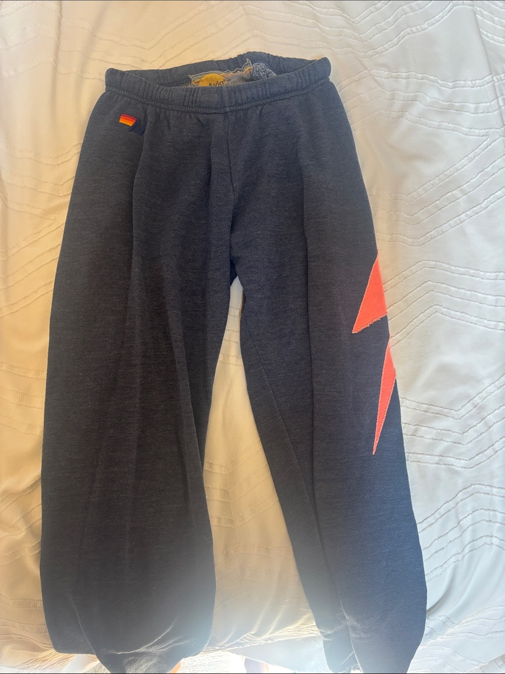 Aviator Nation BlueGray Sweatpants with Orange/Pink Lightning